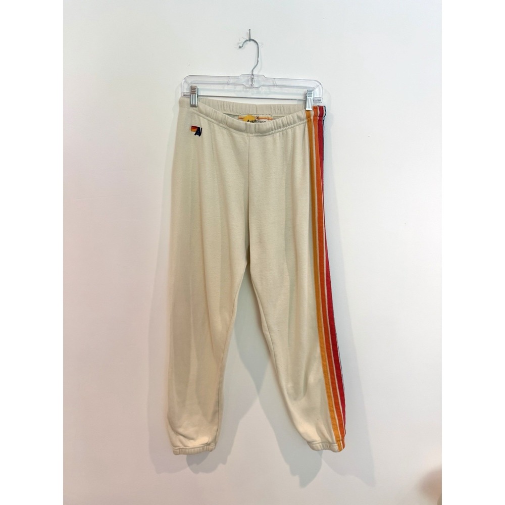 Aviator Nation 5 Stripe Joggers Sweatpants Womens M Vintage White Cream USA